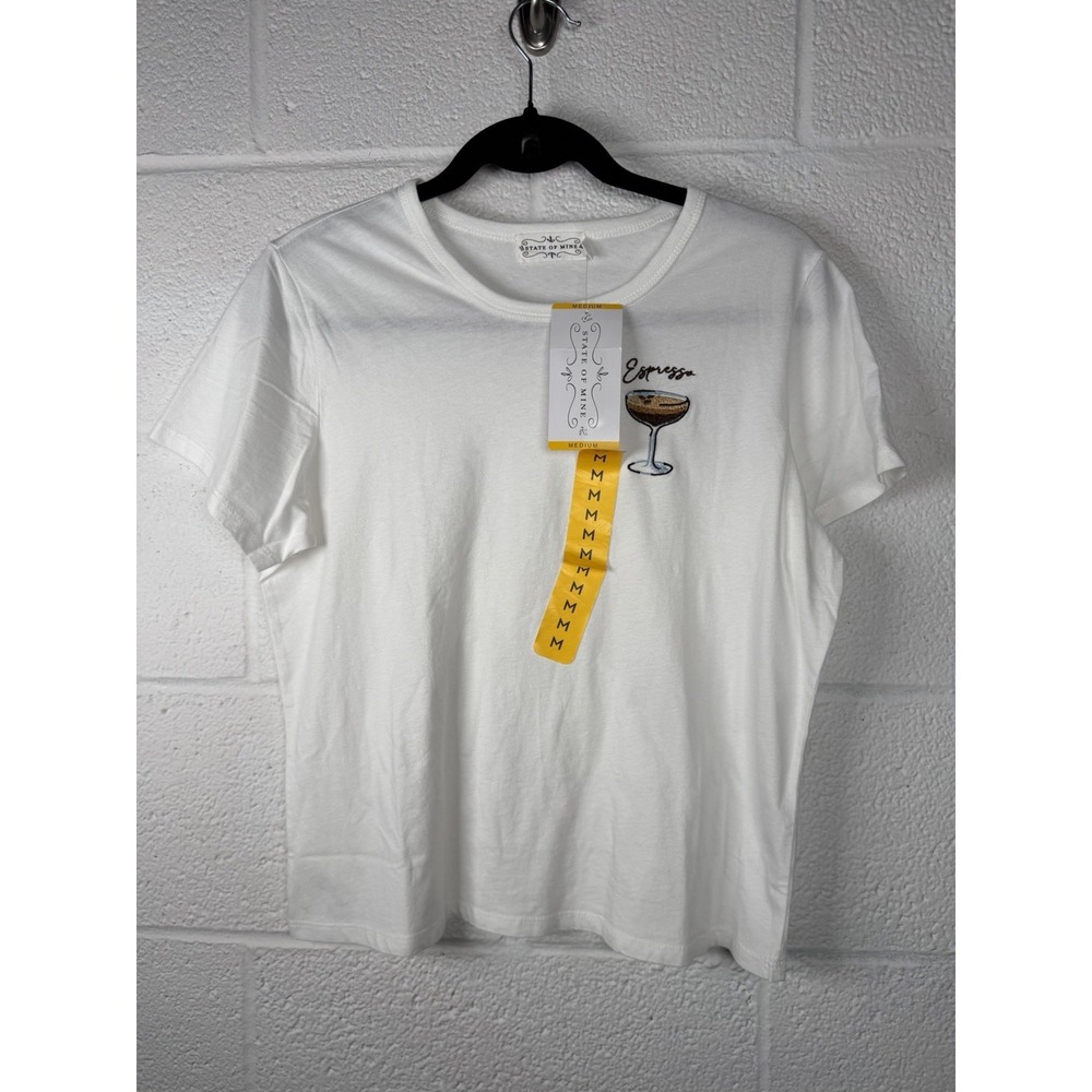 State of Mine Espresso Martini Baby Tee White Embroidered Cocktail Shirt NWT M